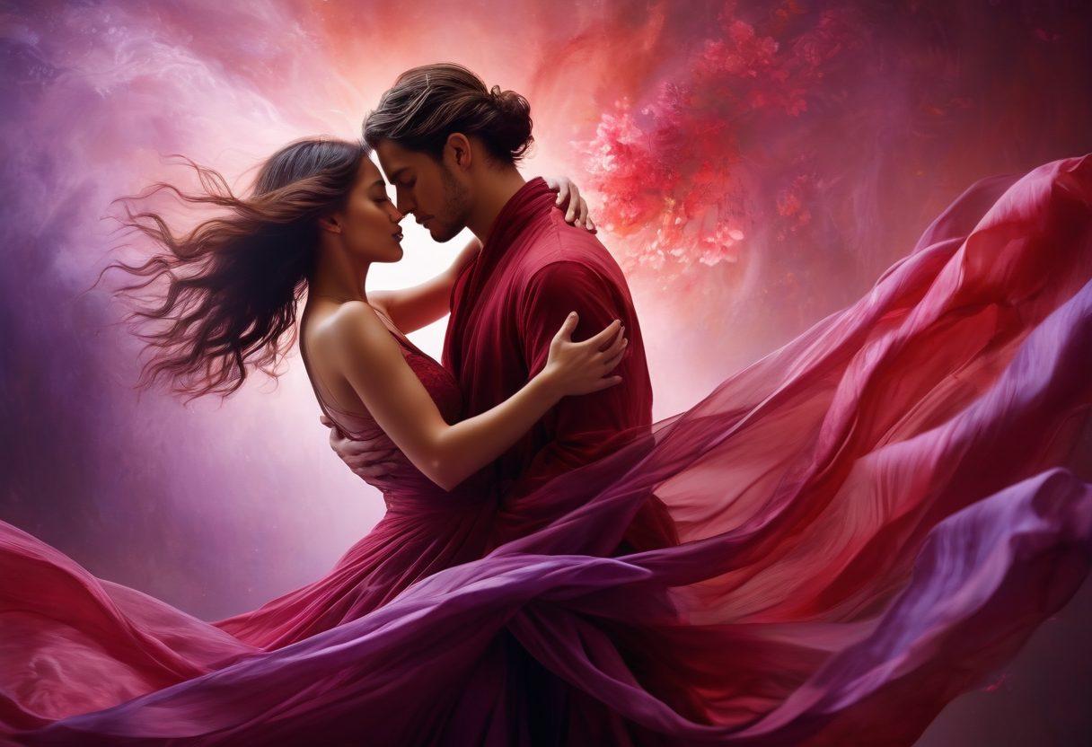 A sensual and abstract representation of intertwined figures engaged in a passionate dance, enveloped in soft, flowing fabric that hints at eroticism and desire. Whispers of light and shadow create an intimate atmosphere, with hints of tantalizing colors like deep reds and purples, symbolizing fantasy and closeness. Ethereal floral patterns subtly weave around the dancers, enhancing the sense of sacredness and intimacy. dreamy and surreal. vibrant colors. soft focus.