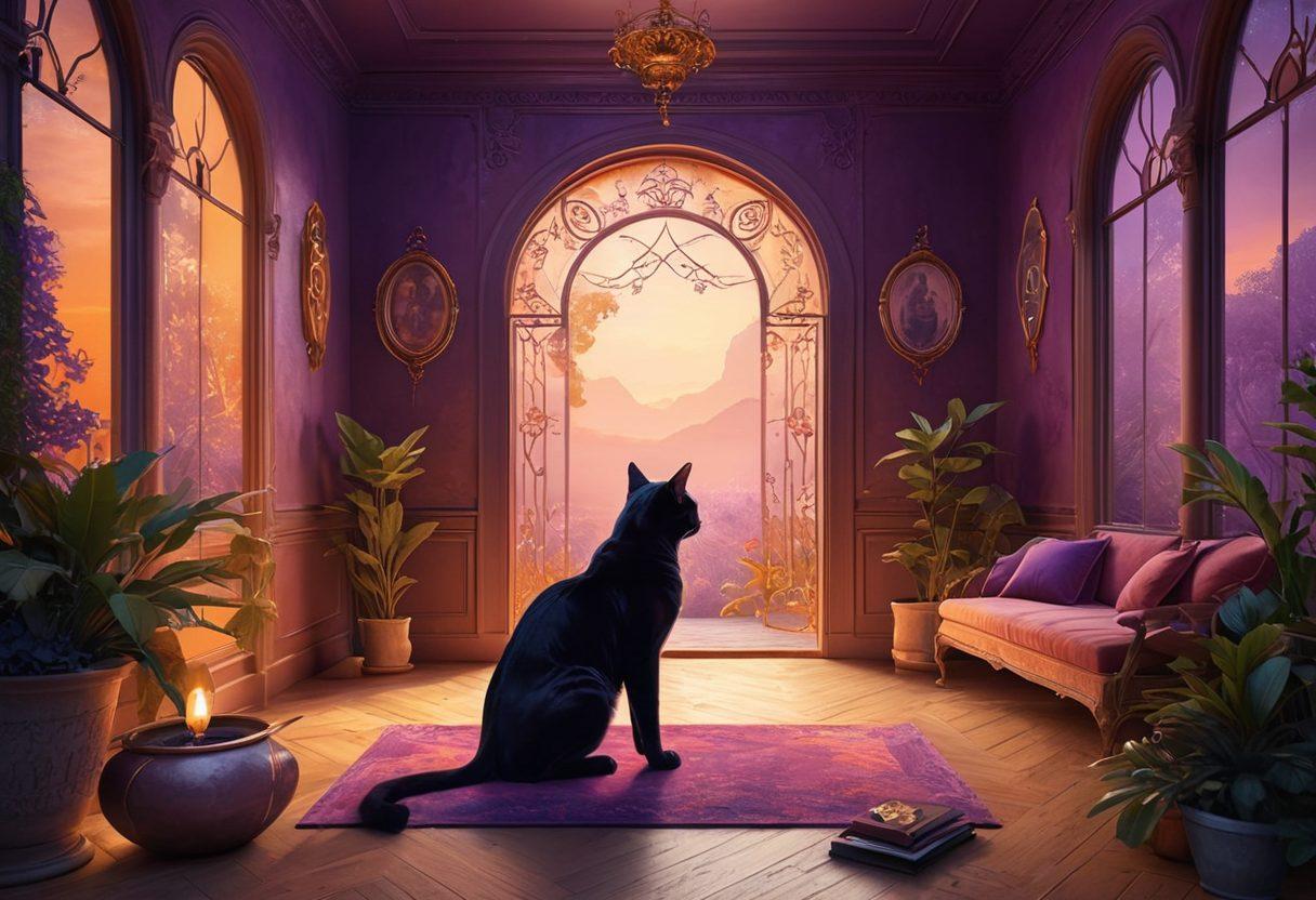 An ethereal blend of mystical elements depicting a serene room adorned with soft, ambient lighting where a couple connects with their feline companion in a harmonious embrace, symbolizing intimacy and desire. The background features sacred symbols and lush plants, enhancing the enchanting atmosphere. The colors should be warm and inviting, with a focus on deep purples and rich golds to evoke passion and connection. dreamy illustration, vibrant colors, 3D elements.