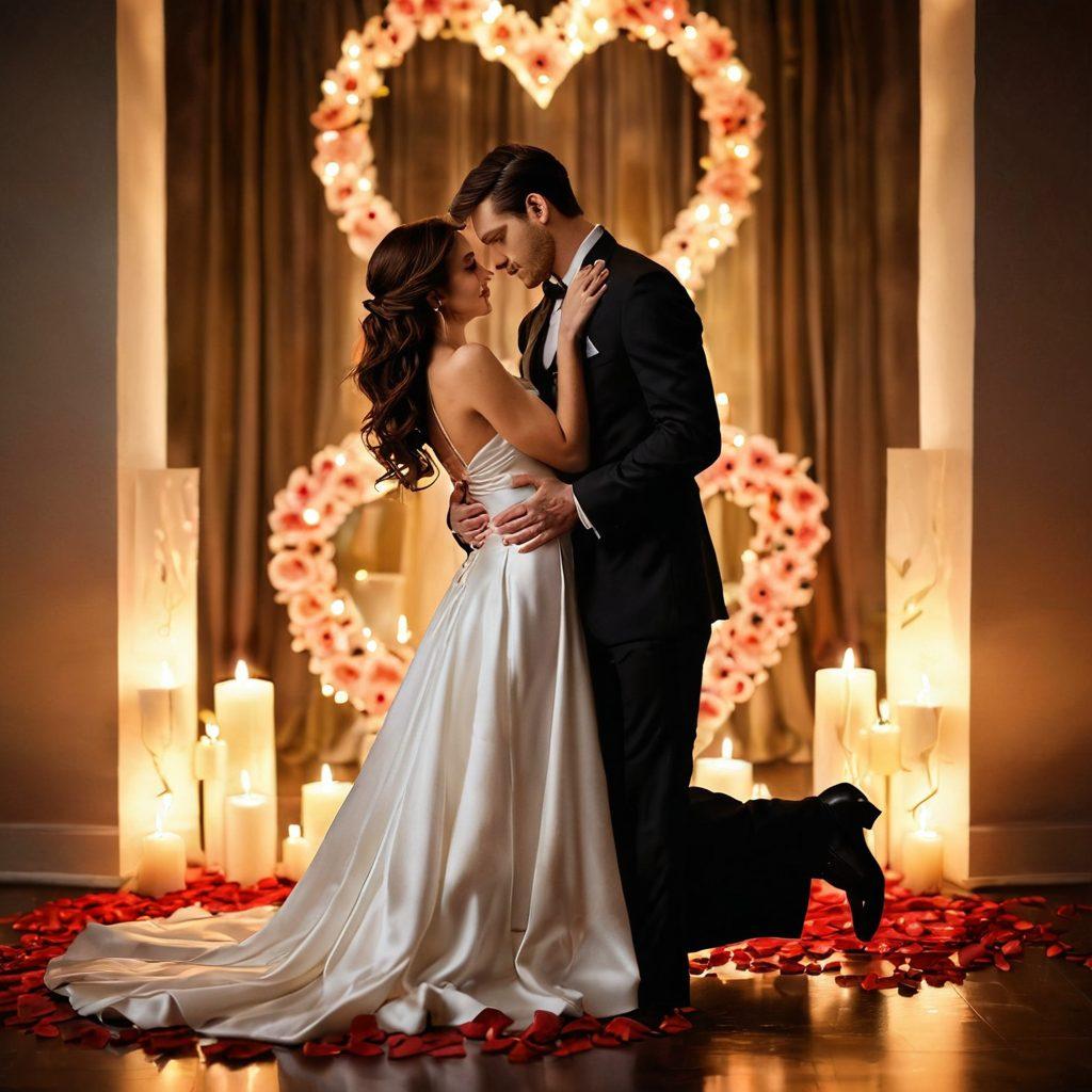 A captivating couple entwined in an intimate and passionate embrace, with soft candlelight creating a warm glow around them. Surround them with artistic representations of romance, such as rose petals, soft fabrics, and symbolic items like wine glasses and heart shapes. Showcase an elegant atmosphere, blending modern and classic styles, to reflect the art of seduction. The background should softly fade into a dreamy, blurred effect to maintain focus on the couple. super-realistic. warm tones. romantic ambiance.